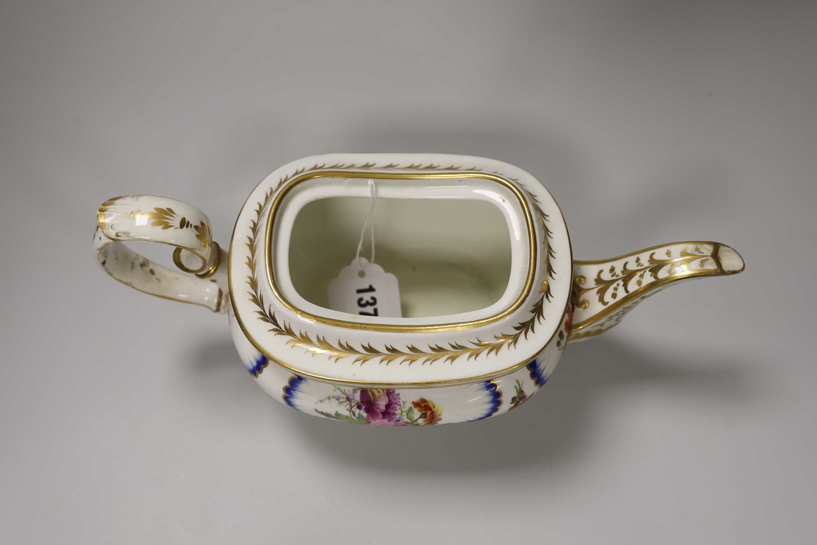 A Derby teapot and cover in Sevres style, hand painted with flowers, 30cm wide